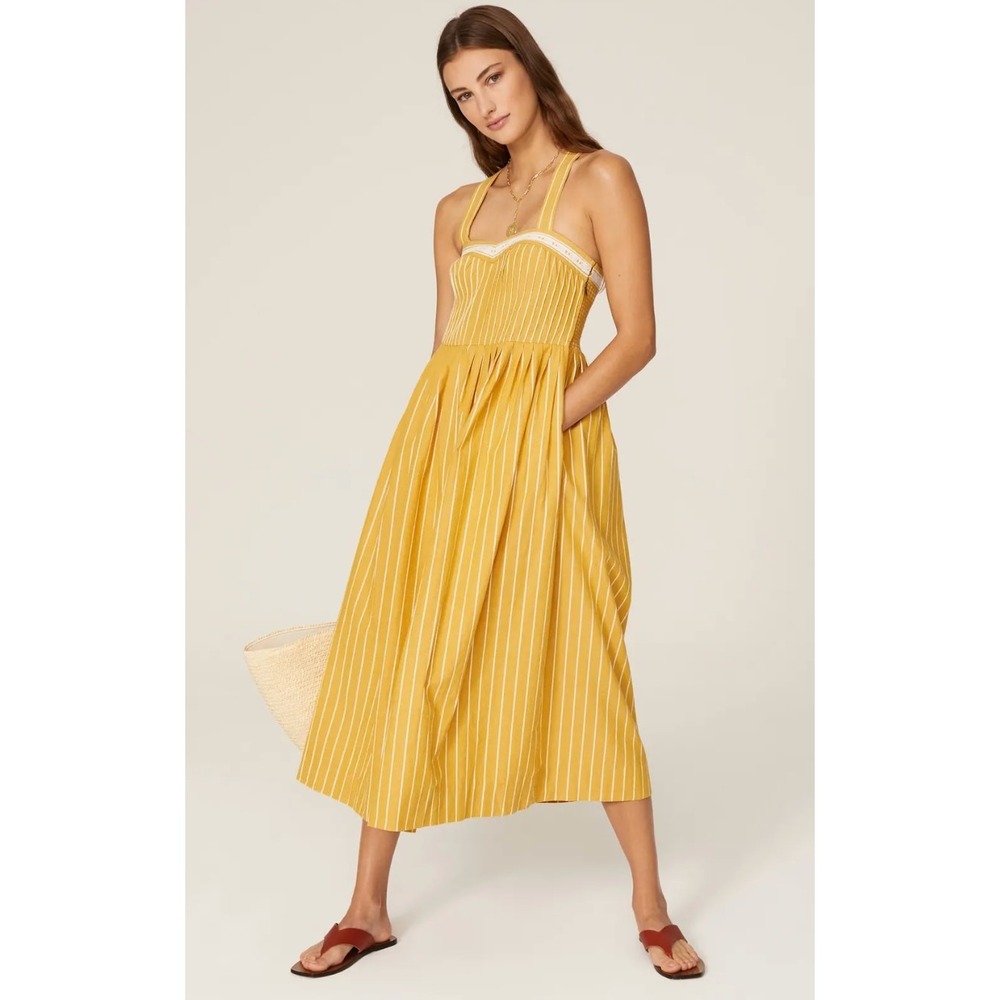 THE GREAT. Yellow Striped Midi Dress